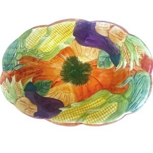 Ceramic Serving Bowl Hand Painted Pumpkin Corn Eggplant Cornucopia Fall Themed